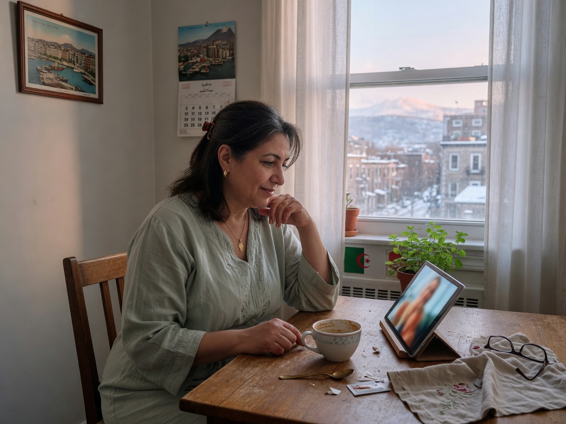 Family member following a video consult from a North American kitchen
