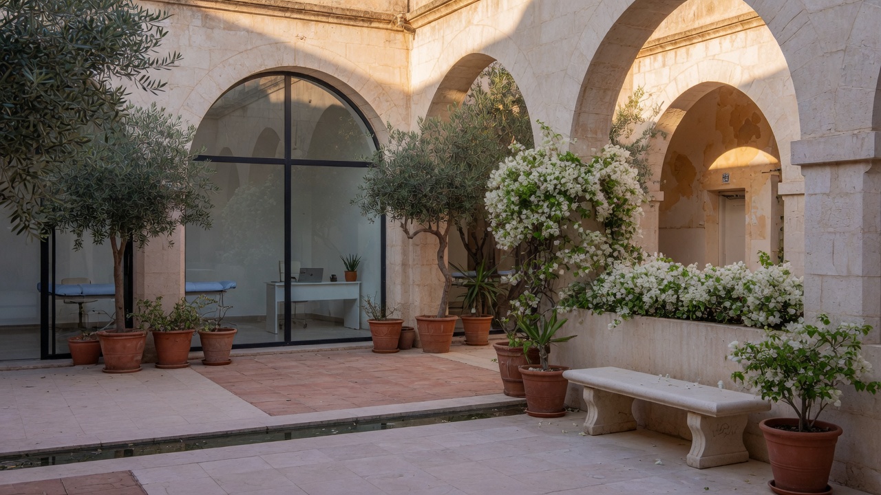 Limestone courtyard and garden of a Mediterranean clinic