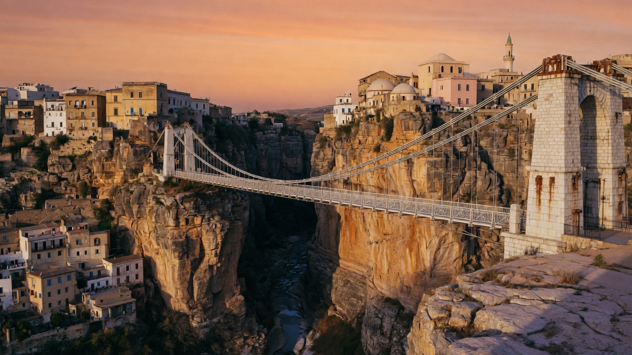 Sidi M’Cid suspension bridge over the Rhumel gorge in Constantine at sunset